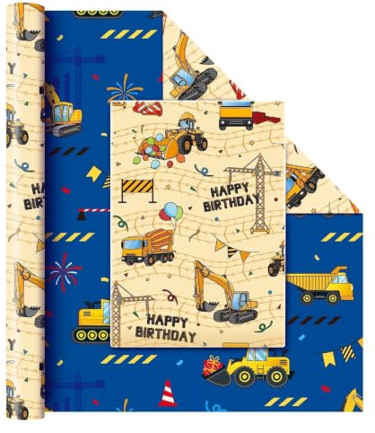 WERNNSAI 1 Rolle Bagger Geschenkpapier 10m x 43cm Baustelle Motiv | Baustelle Geburtstagsparty Braun Traktor Bagger Geschenkverpackung für Junge Kinder
