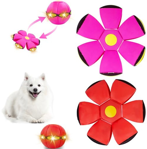 OOXYG 2 bolas de platillo volador para mascotas, juguete interactivo para perros con 3 luces para perros medianos y grandes, bola de disco para perros, juegos al aire libre, juegos de camping, rojo y