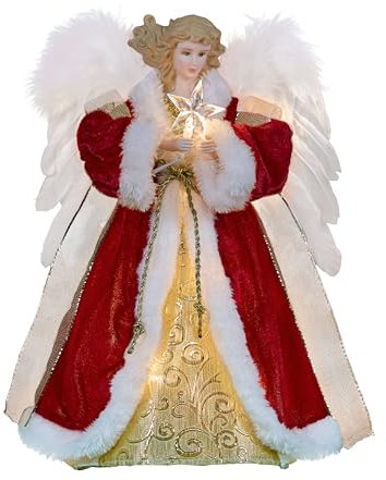 Cyraft Engel Weihnachtsbaumspitze Mit Beweglichen Flügeln, 30cm Christbaumspitze Engel Mit Licht Einen Stern Hält, Sowohl Stecker- als auch Batteriebetrieben, Lange Schnur (Rot)