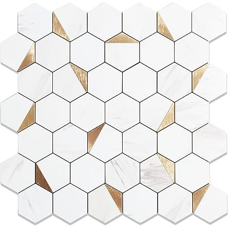OYASIMI Hexagon Stick on Tiles for Kitchen Wall, 10 PCS Heat Resistant Self Adhensive Kitchen Splashback PVC Smart Tile, 12'' Carla White Waterproof Peel and Stick Wall Tiles for Bathroom