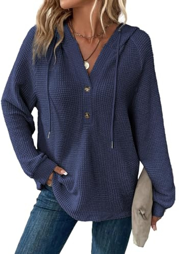 Cuptacc Huvtröja för damer, med våffelstruktur, ledig hoodie med knappslå, v-ringad sweatshirt med dragsko. långärmad damtröja med huva, Marinblå, XXL