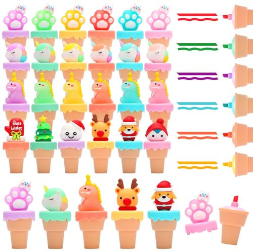 SKAMORI 24 PCS Mini Textmarker Set Cartoon Eiscreme Form für Kinder Mitgebsel Kindergeburtstag 6 7 8 9 10 jahre,Kleine Geschenke für Kinder
