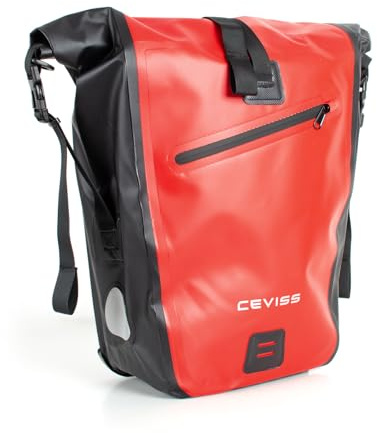 CEVISS Fahrradtasche aus robustem PVC für Gepäckträger 25L Wasserdicht mit Reflektoren, Quick Connect System mit Trage- und Umhängegurt