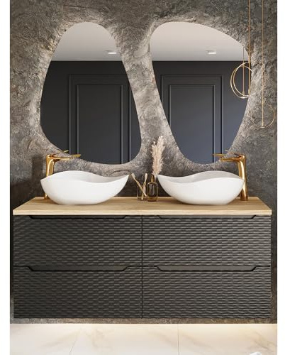 Lomadox Badezimmer Badmöbel Set 3-teilig mit 120cm Doppelwaschtisch in Eiche mit schwarz, Front mit 3D-Struktur in Wellenoptik, 2 LED-Spiegel
