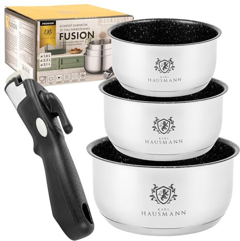 KARL HAUSMANN Batterie de Cuisine Inox Induction 3 Pièces - Casseroles Poignée Amovible - Lot Casseroles Induction Tout Feux - Ensemble Casserole et Poêle en Acier Inoxydable