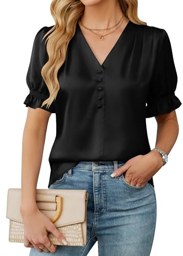 BMJL Womens Blouses Dressy Casual Satin V Neck Short Sleeve Shirts Business Casual Tops for Women(Black,L)