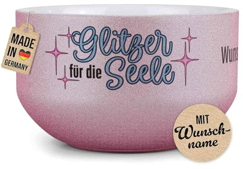 Print Royal PR Glitzer Müslischale mit Name selbst gestalten - Glitzer für die Seele - Personalisierte Schüssel bedrucken - Individuelle Geschenke für Freundinnen - Keramik, Pink 500 ml