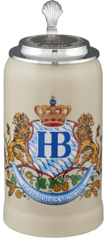 Hofbräuhaus München Stein Bierkrug Löwendekor mit Zinndeckel 1 L | Original Maßkrug | Bierglas mit HB Logo, Geschenkidee für Herren und Damen