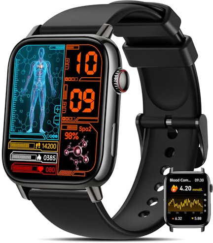 NAIXUES 2025 Smartwatch Herren Damen 𝐁𝐥𝐮𝐭𝐳𝐮𝐜𝐤𝐞𝐫,1.83 Zoll Uhren Herren mit 150 Sportmodi/𝐄𝐂𝐆/𝐇𝐑𝐕/Herzfrequenz/SpO2/Blutdruck, IP68 Wasserdicht Fitness Tracker für iOS Android Schwarz