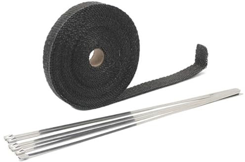 WANGBINGXING Hitzeschutzband 2,5 cm x 5 m Motorrad-Auspuff-Hitzeschild, thermisches Auspuffband, Hitzeband, Fiberglas, mit rostfreien Bändern Auspuff Hitzeschutzband(2.5cmx5m Black)