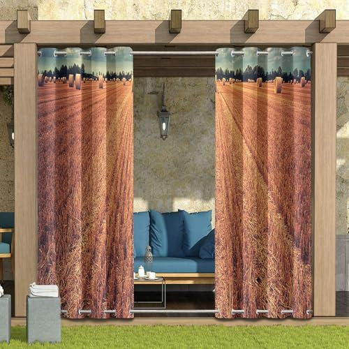 Hixingo 3D Outdoor Vorhang Wetterfest mit Ösen Oben und Unten, 2er Set Outdoorvorhänge Wasserdicht Winddicht Outdoor Gardinen Sonnenschutz Sichtschutz (Stroh,137x274cm)