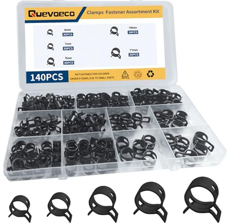 Quevaeco 140PCS Spring Hose Clamps Assortment, 6/7/9/10/11mm Fuel Line & Automotive Hose Clamp, Small Spring Clamps, Spring Band Tube Clips for Air Line, Water, Silicone & Vacuum Hoses (black)