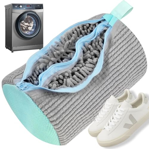VIBINHO 2 in 1 Schuhwaschbeutel Waschmaschine, Waschbeutel Schuhe mit Doppel Reißverschluss Doppeltaschen, Schuhwaschbeutel Wiederverwendbar mit 360° Reinigungsflaum, für Schuharten und Größen, Grau