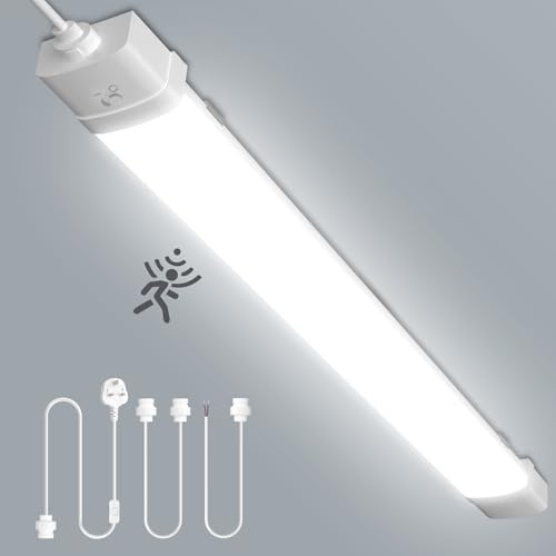 Bellanny 4ft 115cm LED Batten Light, 6500K 4000LM Connectable LED Tube Light with Motion Sensor, Waterproof Plug in Strip Lights with Switch for Garage, Shed, Office, Workshop