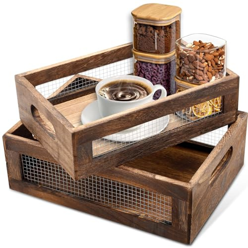 Cesti portaoggetti in legno di grandi dimensioni con griglia in metallo, comodi manici per scaffali, cucina, bagno, dispensa, frutta, verdura, pane, cosmetici