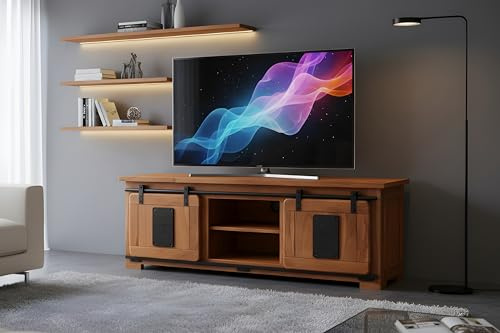 SAM Lowboard Libro VI 145x45x50 cm, Akazie nussbaum | TV-Board/Fernsehkommode mit 2 Holzschiebetüren & 6 offenen Fächern, Akazienholz nussbaumfarben & massiv