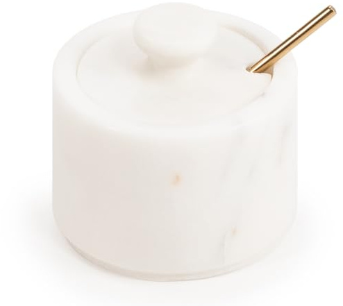 EHC Salt & Pepper Holder, Spice & Herbs Container, Marble Pinch Pot with Lid and Serving Spoon, Salt Celler for Dining Table, Spice Storage Bowl, Spice Bath, Kitchen Accessories, White