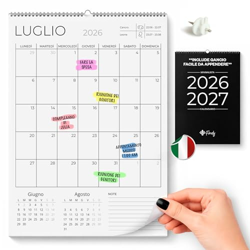 Finoly Calendario Pared Julio 2026 Diciembre 2027 en Italiano | Calendario Mensual 2026 A4 (18 Meses) | Calendario Familiar Pared