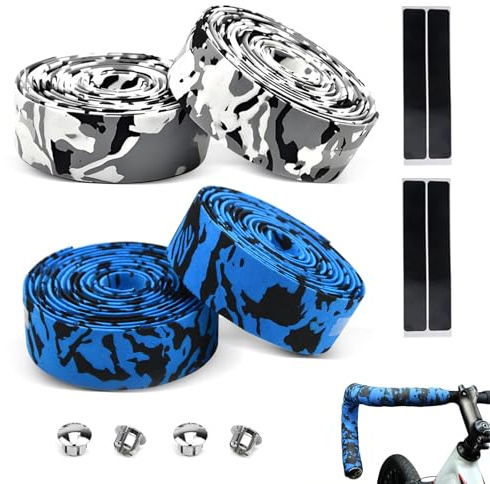Hiuyavy Bike Handlebar Tape, 4 Rolls Road Bike Handle Tape, Bicycle Bar Tape Breathable Non-Slip Shock-Absorbent for Road Bike and Urban Bikes with Handlebar Plugs(White Blue)