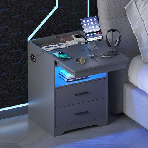 Gurexl Smart Bedside Table with Charging Station and LED Lights,Modern Nightstand with Lockable Hidden Drawer and Human Sensor Design,Sofa Side Table with 3 Drawers for Bedroom,Living Room,Gray