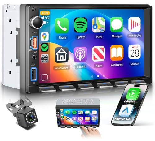 VECHTEL 7 Autoradio 2 Din con carplay wireless Android Auto,radio FM con Blurtooth,navi GPS,2 USB/SD/AUX, video online,Mirror Link,auto touchscreen IPS con telecamera di retromarcia/tasti pianoforte