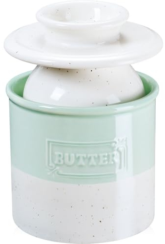 NUTRIUPS Butterdose Keramik, Butterglocke Keramik mit Deckel, Französische Butterdose für Frische und Streichfähige Butter (Cyanfarbener Nebel Weiß)