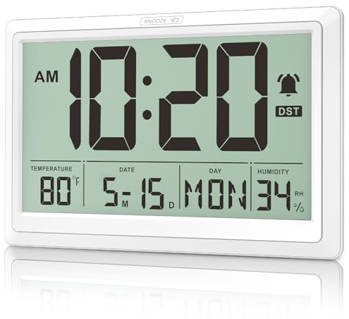 XREXS 10.4 Inch Digital Wall Clock, Battery Operated Large Display Clock, Digital Calendar with Indoor Temperature/Humidity/Date/Day, Auto DST for Classroom, Livingroom, Office(No Backlight)(White)