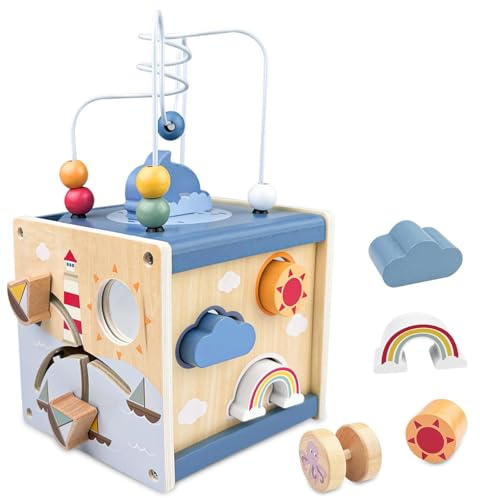 Ravytha Cubo Multiattivita Legno, Giochi Montessori, Sensoriale Montessori, Cubo di Abilità Motorie in Legno, attività per Bambini dai 12 Mesi