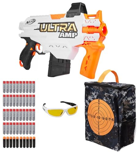 Nerf Ultra AMP Action-Pack – Motorisierter Blaster inkl. 56 Darts, Schutzbrille & Taktik-Tasche mit Zielscheibe – Halbautomatisches Komplett-Set für Nerf-Fans