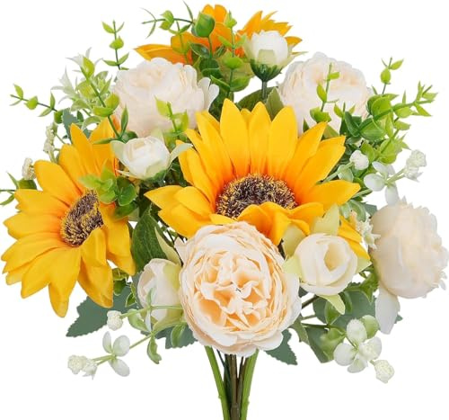 CECOMBINE 10Pcs Künstlicher Blumenstrauß mit Sonnenblumen & Pfingstrosen, 35cm Seidenblumen Bouquet mit Eukalyptus, Dekoblumen für Hochzeit, Tischdeko, Wohnzimmer & Standesamt, Gelb & Creme