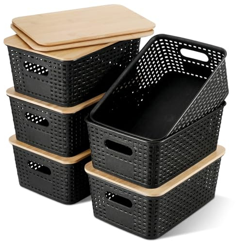 Huiguli Aufbewahrungsbox mit Bambus Deckel, Stapelbarer Organizer | Grau Kunststoff Box in Rattan-Optik mit Deckel, Küchen Organizer für Büro, Kleiderschrank und Schreibtisch
