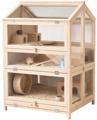 PawHut Hamsterkäfig 3 Etagen für Kleintiere 68 x 61,5 x 90 cm Naturholz | Nagerkäfig, Kleintierkäfig, mit Hütten, Wippen, Rampen, Wasserschalen, Mäusekäfig