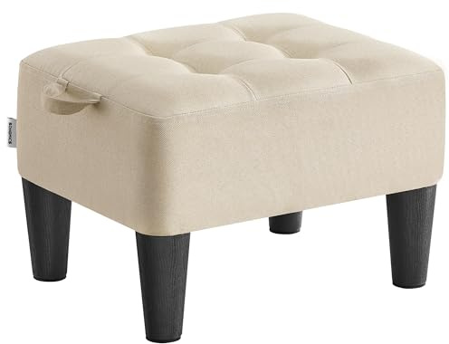 SONGMICS Fußhocker, Leinenimitat, Hocker klein, Dicke Polsterung, bis 150 kg belastbar, für Wohnzimmer Schlafzimmer Eingangsbereich, sandbeige-tintenschwarz LOM502LF01