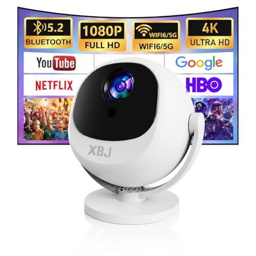 XBJ Mini Projector with WiFi 6 & Bluetooth 6.0, 1080P Full HD, 4K Supported Portable Projector, Auto Keystone Correction, 360° Rotatable Home Cinema Projector for Bedroom & Outdoor Use
