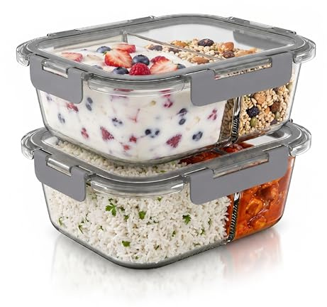 Arendo - Glas Frischhaltedosen Vorratsdosen für Lebensmittel mit Deckel luftdicht - 2 Fächer - 2er Set - 1500 ml - für Mikrowelle Gefrierschrank - Spülmaschinen geeignet - Lunchboxen Meal Prep Boxen