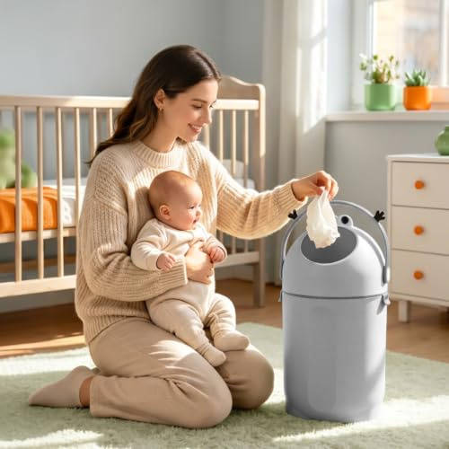 Makamsui Poubelle à canapés 15 L, seau bébé avec clapet rotatif antis-odeurs, fermeture discrète et verrouillage, format haut rond pour chambre bébé, salle de bain, espace changement maison Gris