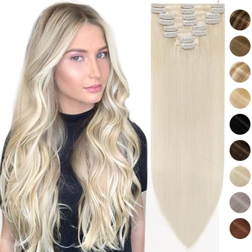 Silk-co Echthaar Clip In Extensions 8 Tressen 18 Clips 45g, Blonde Hair Extensions, Remy Echthaar Clip In Extensions Haarverlängerung 60# Platinblond 20cm