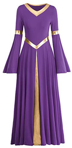Women Metallic V Neck Praise Dance Dress Liturgical Worship Bi Color Bell Long Sleeve Church Robe Praisewear Purple + Gold XS