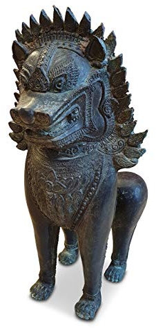 Kinaree Bronze Statue Wächter Löwe - Thailändischer Wächter aus Metall | Dekoartive Skulptur aus Thailand für Büro, Praxis Hotel oder Restaurant