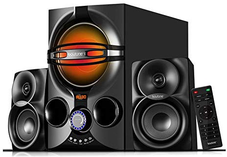 Boytone BT-424FN - Sistema de altavoces Bluetooth multimedia 2.1 Potentes sistemas estéreo con cable, FM, ranura SD, puerto USB, formato MP3, 40 vatios, luz LED, control remoto, para smartphone,