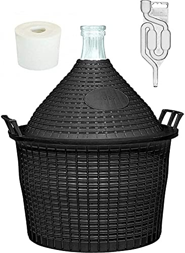 Glasballon Set mit Schutzkorb Gärröhrchen und Gummistopfen - 100% Hergestellt in der EU - Hochwertiger Weinballon aus Glas für Gärung und Lagerung - Komplettes Brauset für Wein Bier und Met (5L)