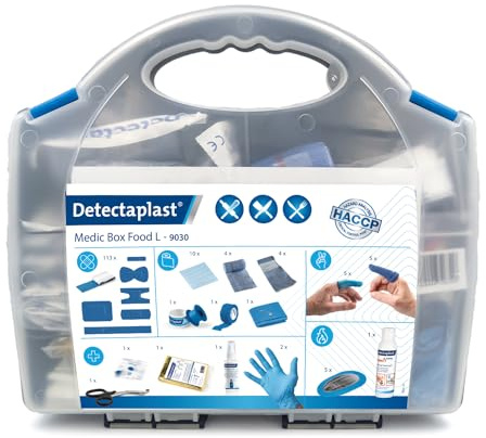 Detectaplast Botiquín para catering, botiquín para el tratamiento de heridas, portátil en maletín con tiritas, apositos, esparadrapo, 157 piezas