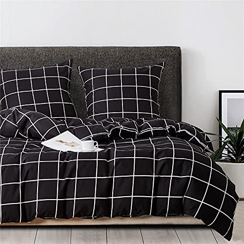 Gezu Housse de Couette a Carreaux 220x240cm Noir et Blanc Parure de Lit Microfibre avec 2 Taie d'oreiller 65x65cm avec Fermeture Éclair Sets de Housse de Couette 2 Personnes