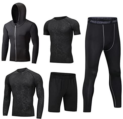 HZQIFEI Män 5 stycken fitness träningsoveraller kostym kompressionströja sportkläder snabbtorkande andas för löpning gym fitness, Stil #7, L