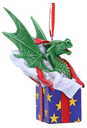Nemesis Now Anne Stokes Surprise Gift Dragon Hanging Ornament 12.5cm, Resin, Green, Lisa Parker Giftware, Gothic Festive Hanging Decoration, Cast in the Finest Resin, Expertly Hand-Painted