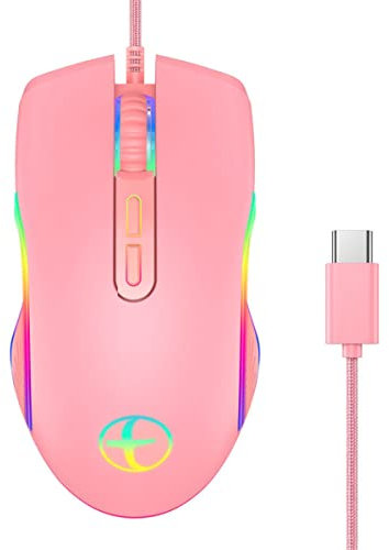 Mobestech Rgb Wired Usb-c Gaming Mouse for Laptop and Pc Colorful Led Lighting, Pink Ergonomic Design for Women, High Precision Optical Sensor for Desktop Use