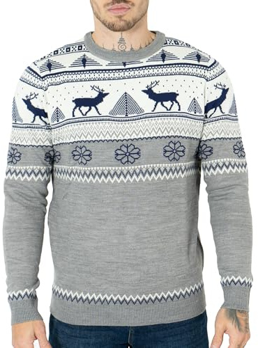 NOROZE Men's Merry Christmas Mock Zip Nordic Style Reindeer Moose Stag Funnel Crew Neck Festive Christmas Xmas Jumper (M, Cream)