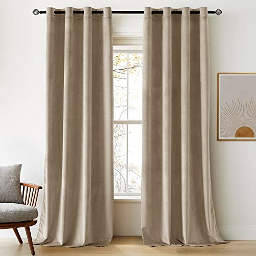 Woaboy Velvet Curtains 90 Drop Taupe Curtain for Living Room Thermal Blackout for Bedroom Luxury Eyelet Drapes Super Soft Window Treatment Insulated Soundproof & Room Darkening W 46 x L 90 2 Panels