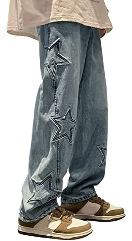Pantalon jean pour homme à jambe large 90s Hip Hop - Pantalon en denim stretch - Coupe régulière - Jambes larges - Denim - Pantalons vintage Y2K - Coupe droite - Pantalon pour garçon - Harajuku
