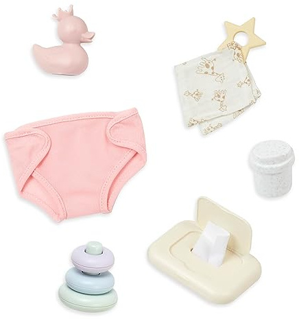LullaBaby - Set per la Cura e Il Gioco delle Bambole - Set fasciatoio per Bambole da 9 Pezzi - Pannolini, salviette e Anelli impilabili - Gioco di finzione - Giocattolo per Bambini da 2 Anni in su